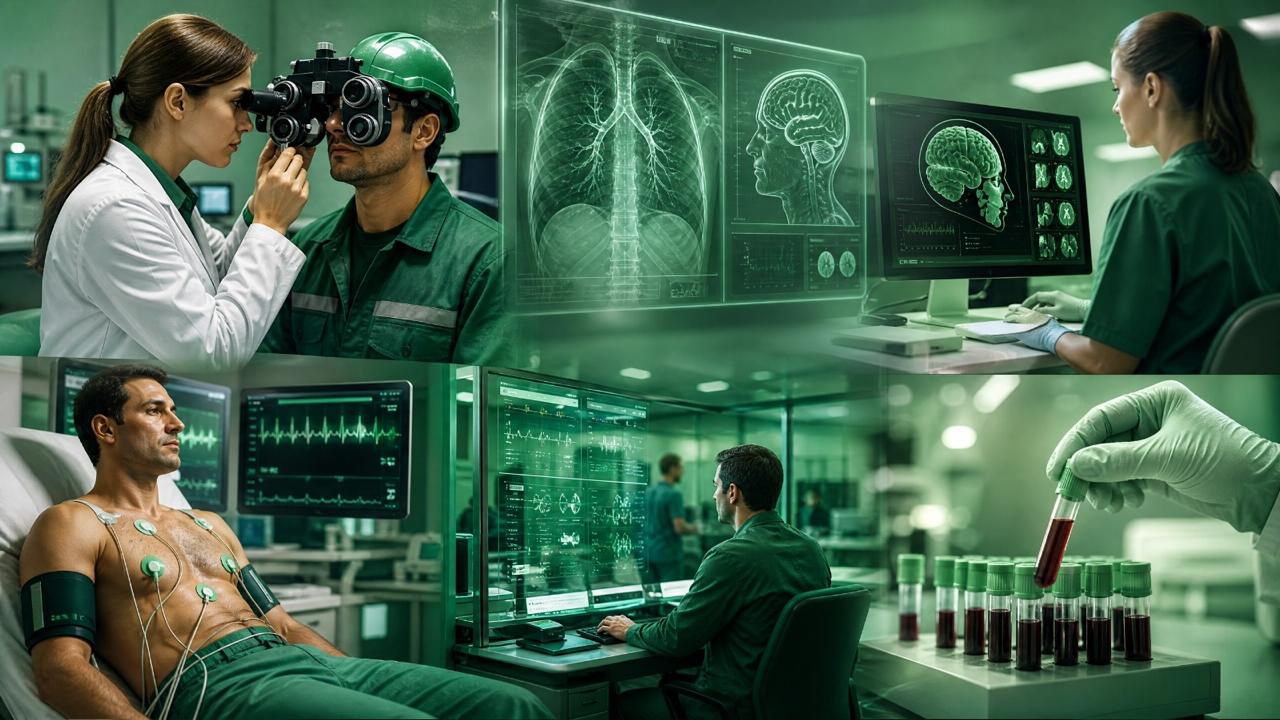 Equipe de enfermagem realizando exames ocupacionais